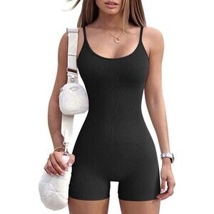 OQQ Women’s Tummy Control Ribbed Yoga Romper Black Size Small NWOT